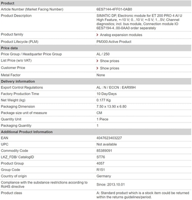 100% originele 6ES7144-4FF01-0AB0 ET 200 PRO 4 AI U High Feature Channel diagnostiek