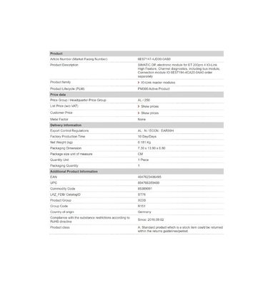 High Feature Channel Diagnostics voor 6ES7147-4JD00-0AB0 Bus Module 4 IO-Link Interface