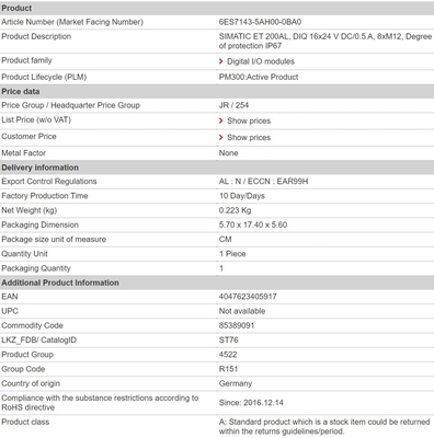 6ES7143-5AH00-0BA0 DIQ 16x24 V DC/0,5 A IP67 Siemens ET 200AL verbindingsmodule met 1
