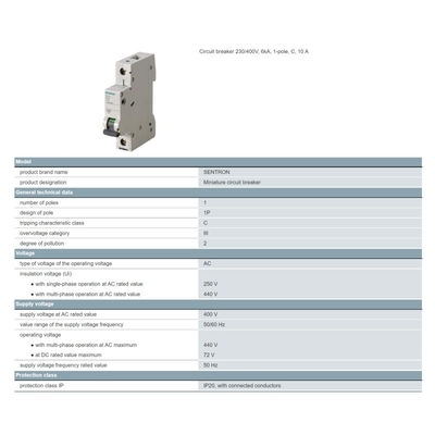 Siemens 5SN6110-7CN 230/400V 6kA 1-pool C 10 A schakelaar Nettogewicht kg 0,261 Kg