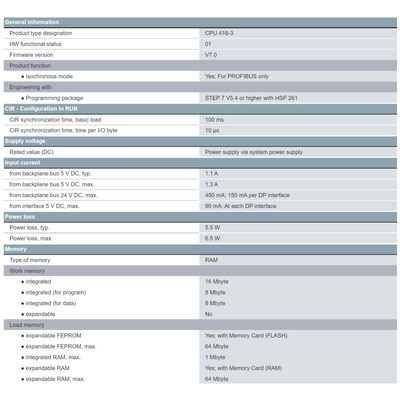 6ES7416-3XS07-0AB0 SIMATIC S7-400 CPU 416-3 Met 16 MB werkgeheugen en 3 interfaces