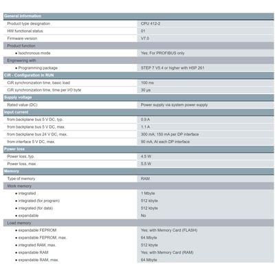 6ES7412-2XK07-0AB0 Originele verpakking SIMATIC S7-400 CPU 412-2 met 1 MB werkgeheugen